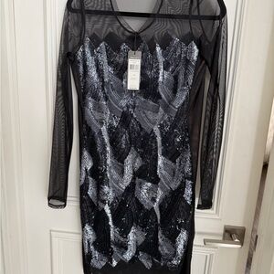 BCBGMaxAzria Black and Silver Long Sleeve Dress